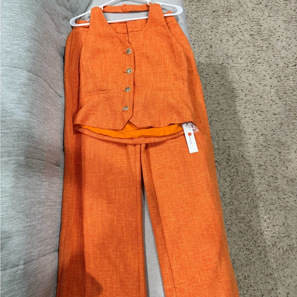 Commense Orange Tailored Vest and Wide-Leg Pants Set